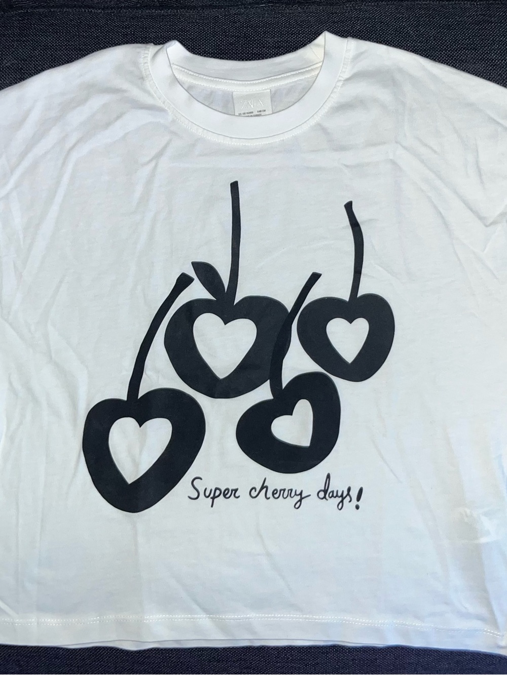Zara White Tee with Black Heart Cherries Graphic